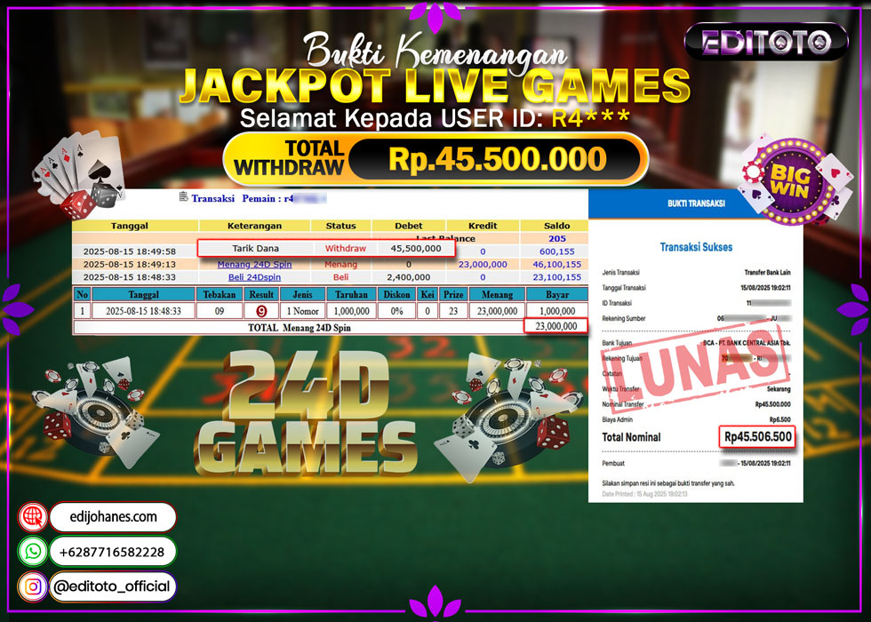 JACKPOT EDITOTO LIVE GAMES 24D GAMES  SPIN Rp. 45.500.000.,- LUNAS