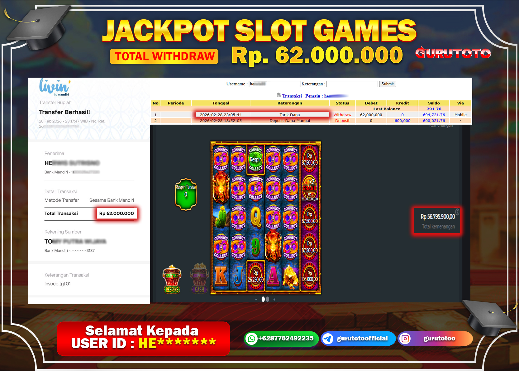 Bukti Kemenangan Rp 62.000.000 JACKPOT FIRE STAMPEDE di GURUTOTO !