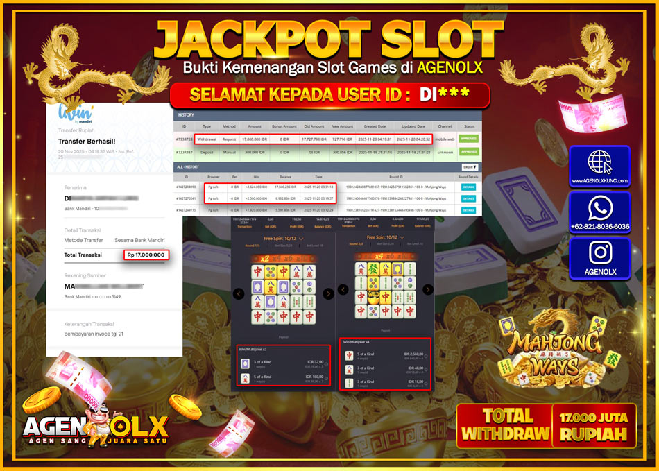 AGENOLX JACKPOT SLOT MAHJONG WAYS Rp 17,000,000,- LUNAS
