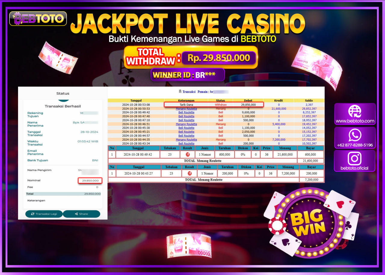 JACKPOT LIVE CASINO BEBTOTO ROULETTE Rp.29.850.000.,- LUNAS