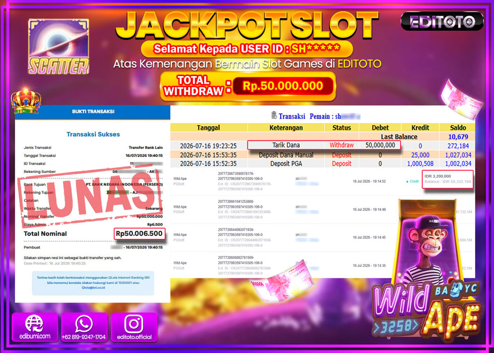 JACKPOT EDITOTO SLOT WILD APE Rp.50.000.000,- LUNAS