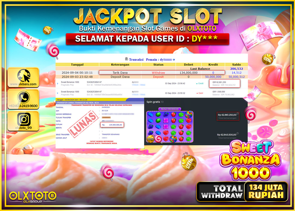 OLXTOTO JACKPOT  SLOT SWEET BONANZA 1000 Rp.134.000.000.,- LUNAS