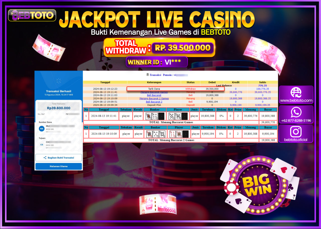JACKPOT LIVE CASINO BEBTOTO BACCARAT Rp.39.500.000.,- LUNAS