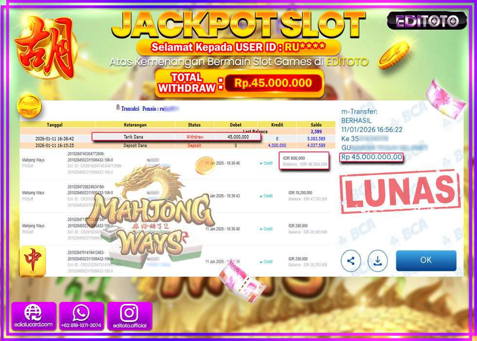 JACKPOT EDITOTO SLOT MAHJONG WAYS Rp.45.000.000,- LUNAS