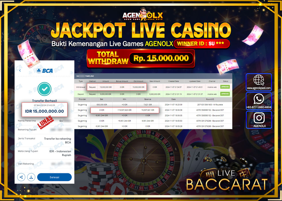 AGENOLX JACKPOT  LIVE CASINO BACCARAT Rp 15.000.000,- LUNAS