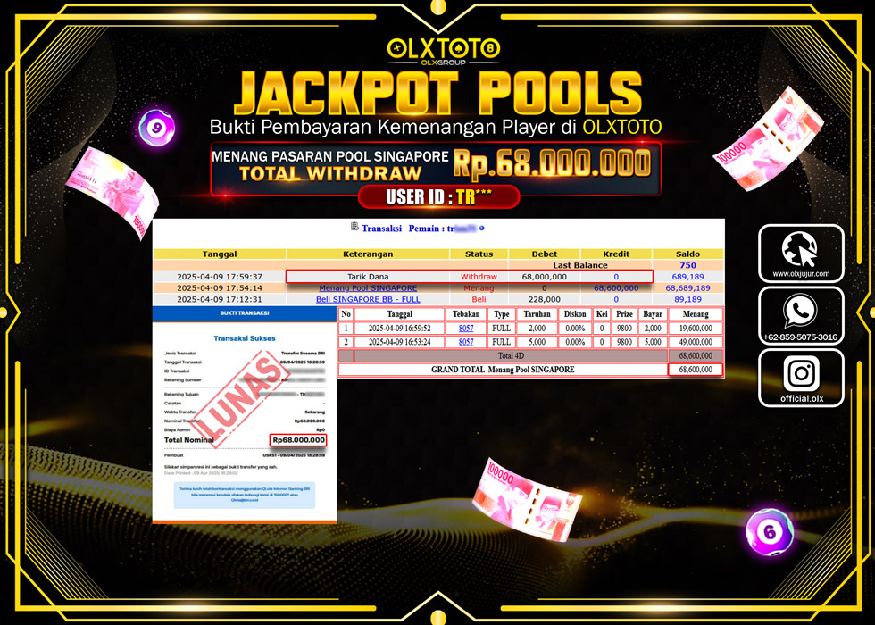 BINTANGSLOT77 JACKPOT TOGEL PASARAN POOL SINGAPORE Rp.68.000.000.,- LUNAS