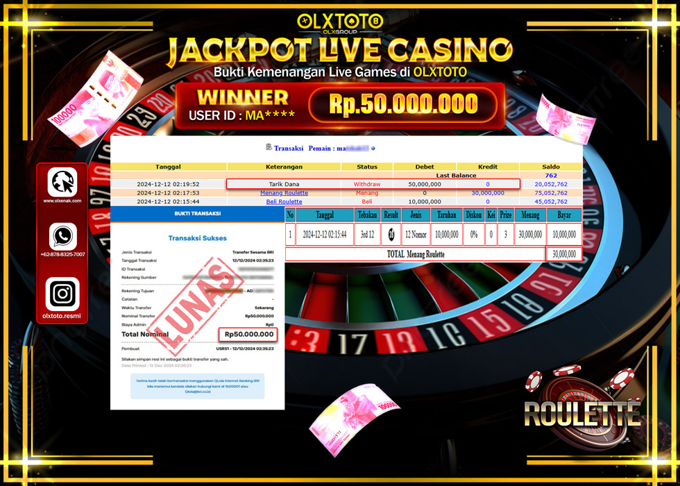 OLXTOTO JACKPOT  LIVE GAMES ROULETTE Rp.50.000.000.,- LUNAS