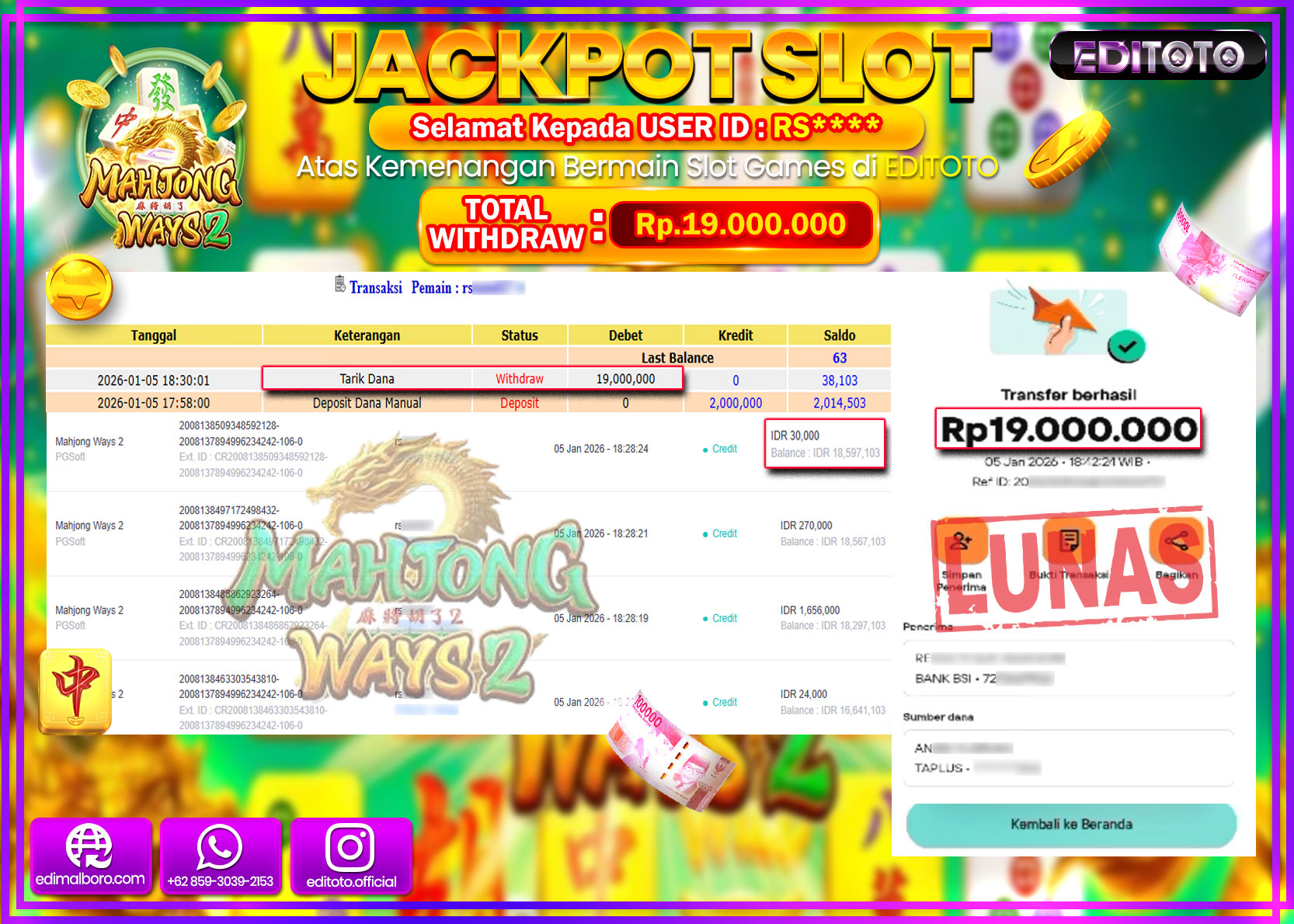 JACKPOT EDITOTO SLOT MAHJONG WAYS 2  Rp.19.000.000,- LUNAS