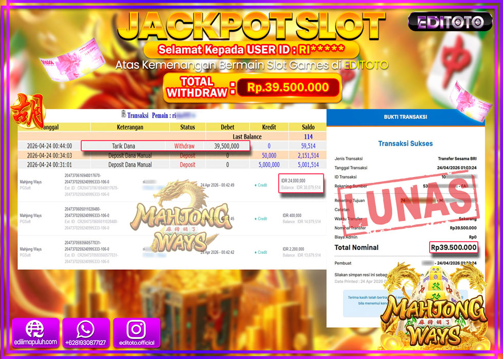 JACKPOT EDITOTO SLOT MAHJONG WAYS Rp.39.500.000,- LUNAS