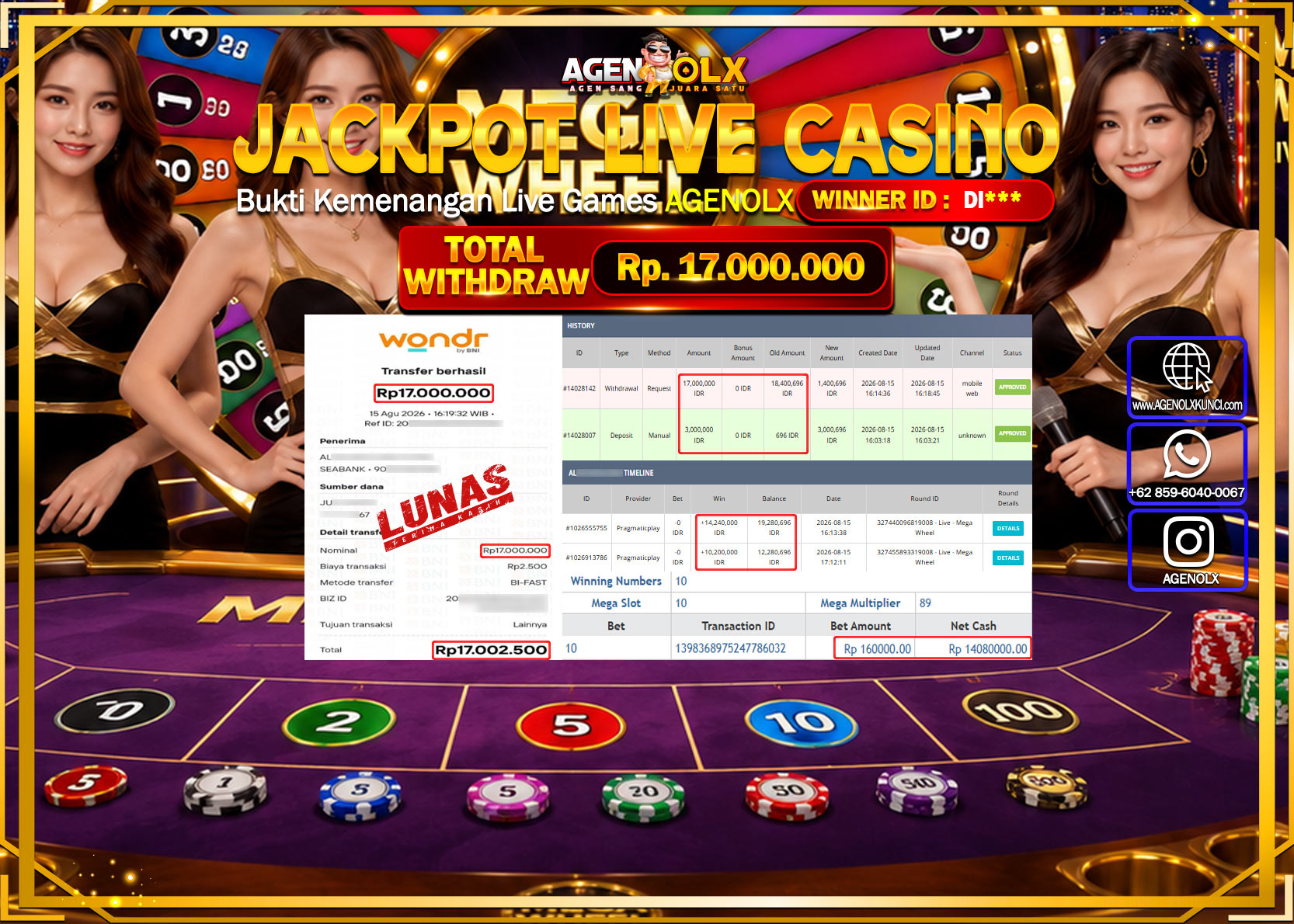 AGENOLX JACKPOT LIVE CASSINO LIVE MEGA WHEEL  Rp 17.000.000-LUNAS