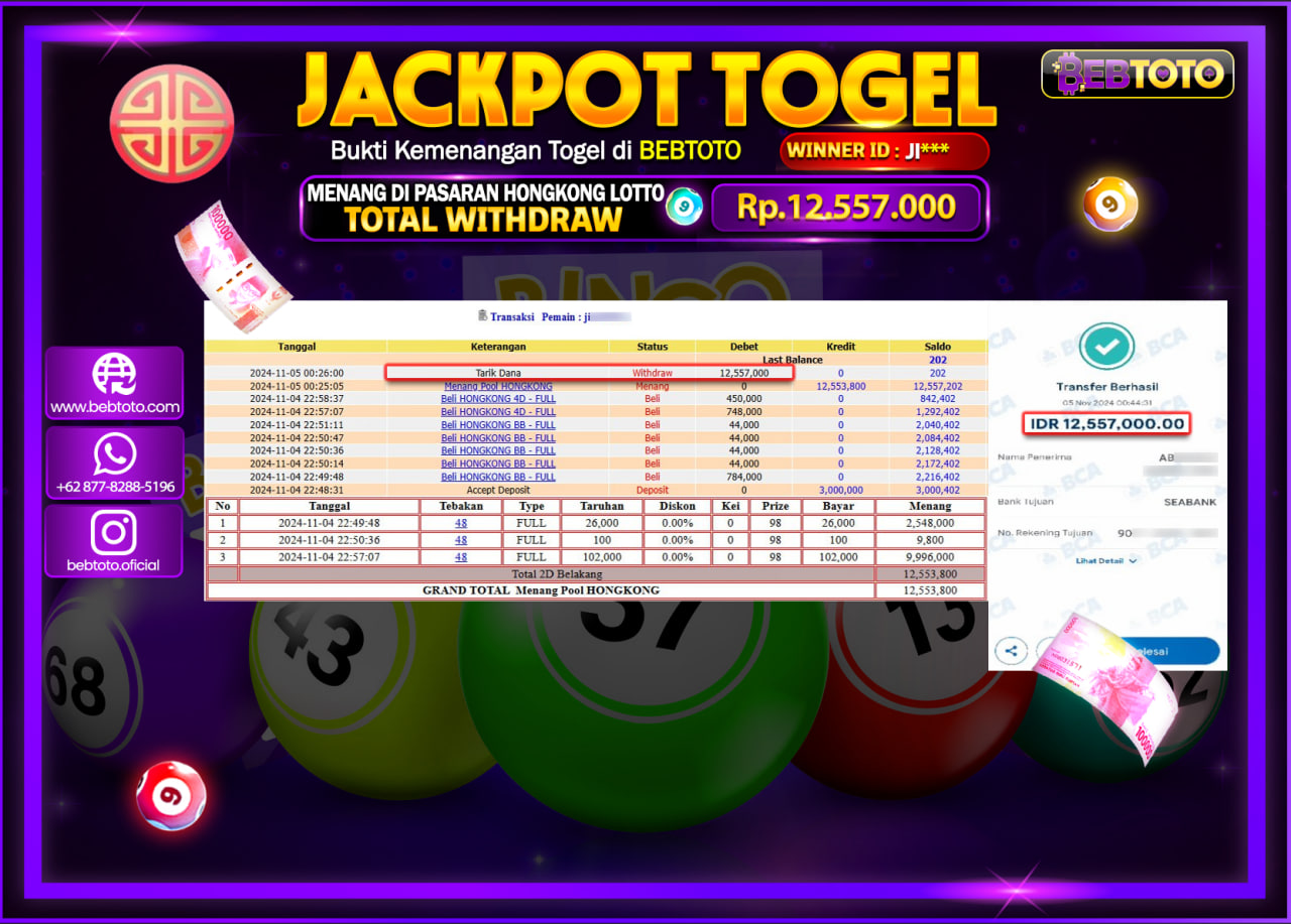 JACKPOT TOGEL BEBTOTO HONGKONG LOTTO Rp.12.557.000.,- LUNAS