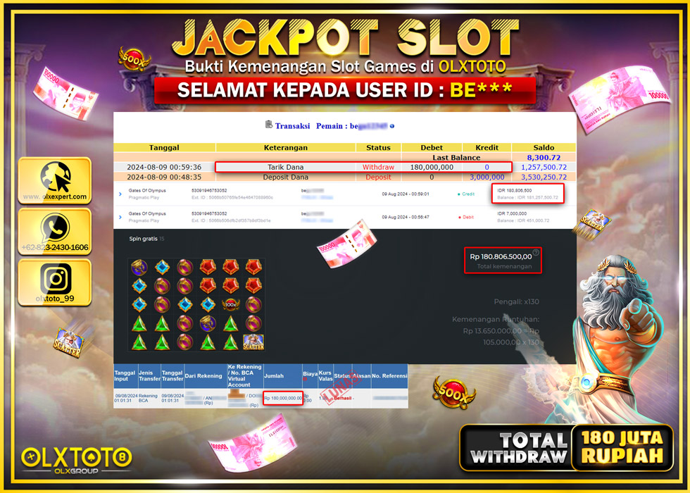 OLXTOTO JACKPOT  SLOT GATES OF OLYMPUS Rp.180.000.000.,- LUNAS