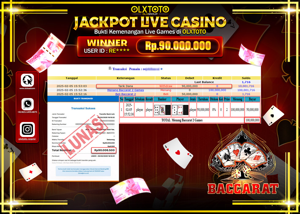 OLXTOTO JACKPOT  LIVE GAMES BACCARAT Rp.90.000.000.,- LUNAS