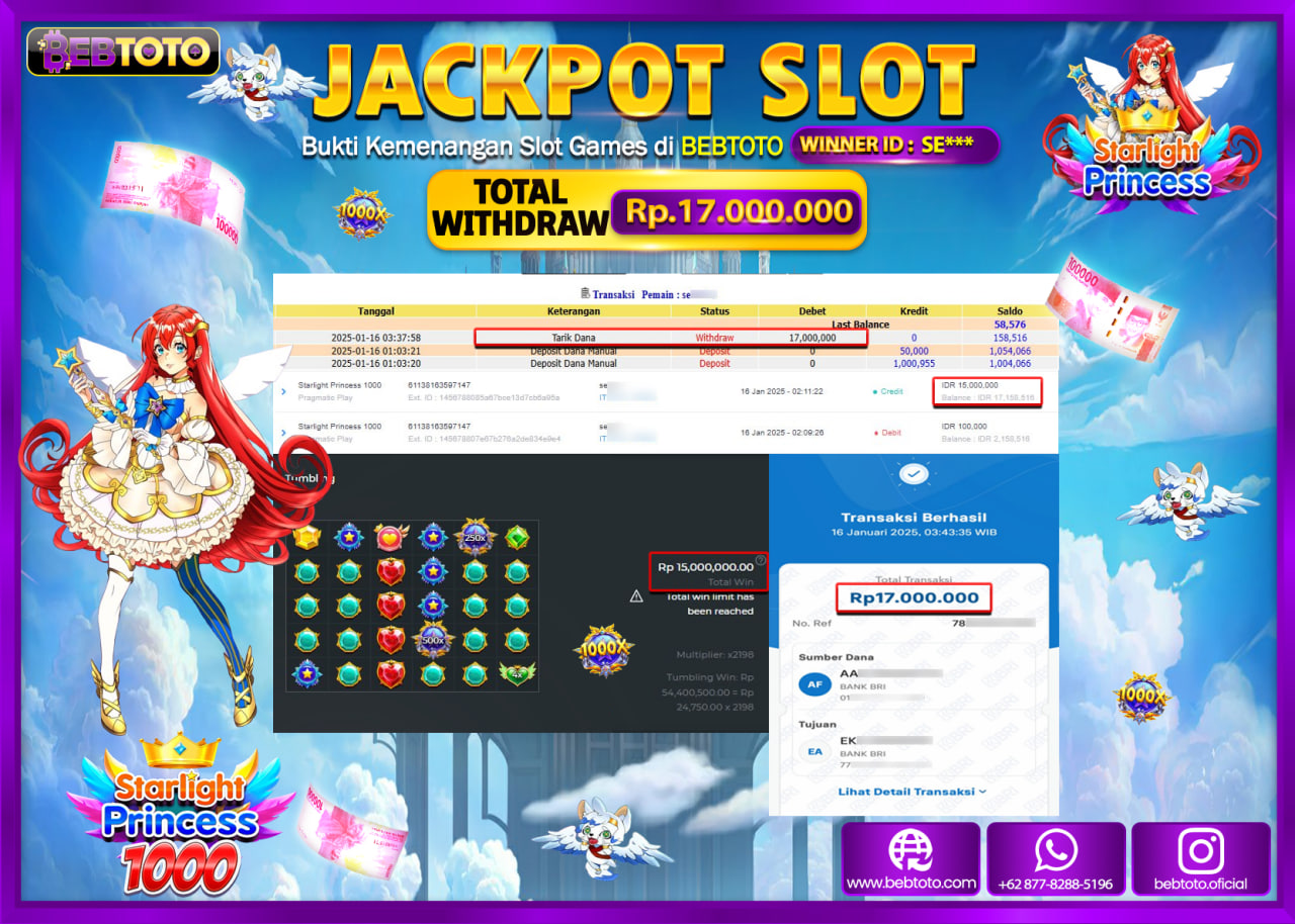 JACKPOT SLOT BEBTOTO STARLIGHT PRINCESS 1000 Rp.17.000.000.,- LUNAS