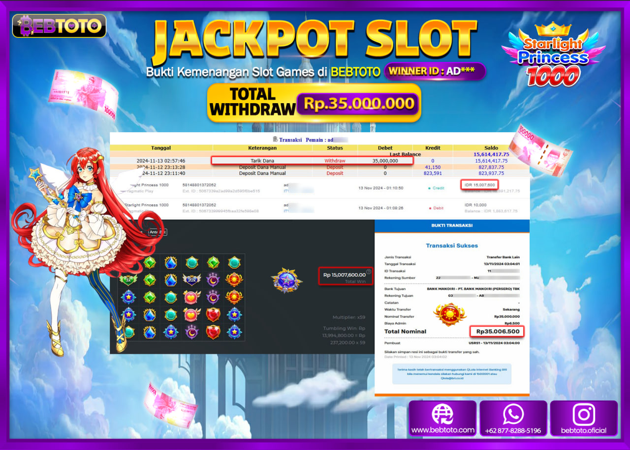 JACKPOT SLOT BEBTOTO STARLIGHT PRINCESS 1000 Rp.35.000.000.,- LUNAS