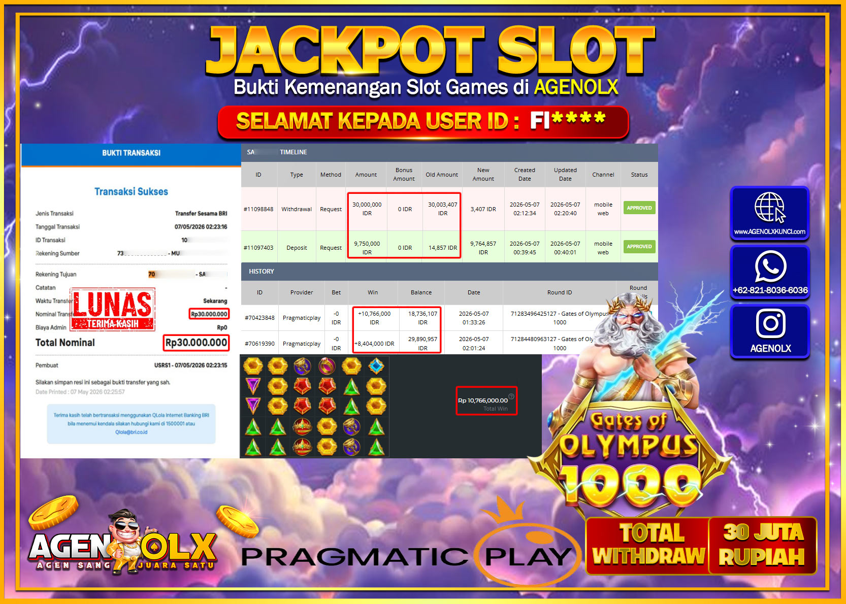 AGENOLX JACKPOT SLOT GATES OF OLYMPUS 1000 Rp 30.000.000 - LUNAS