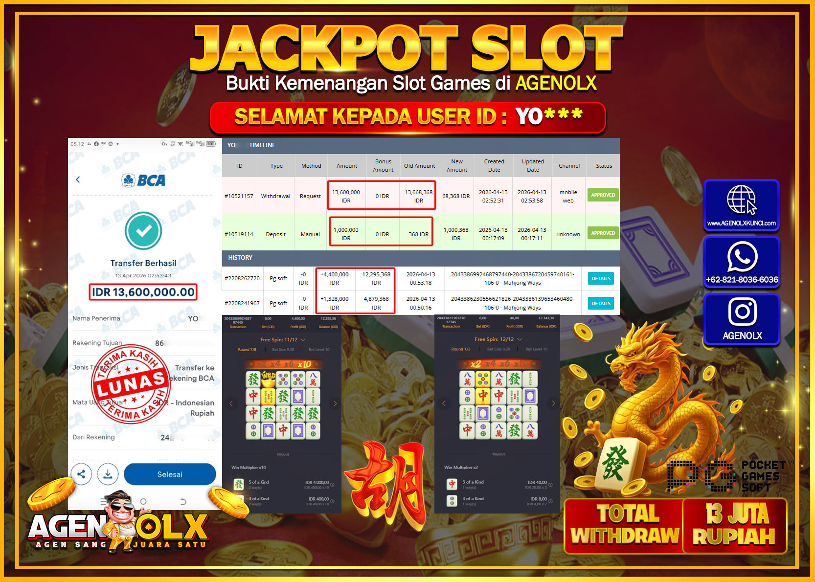 AGENOLX JACKPOT SLOT MAHJONG WAYS  Rp 13.600.000 - LUNAS