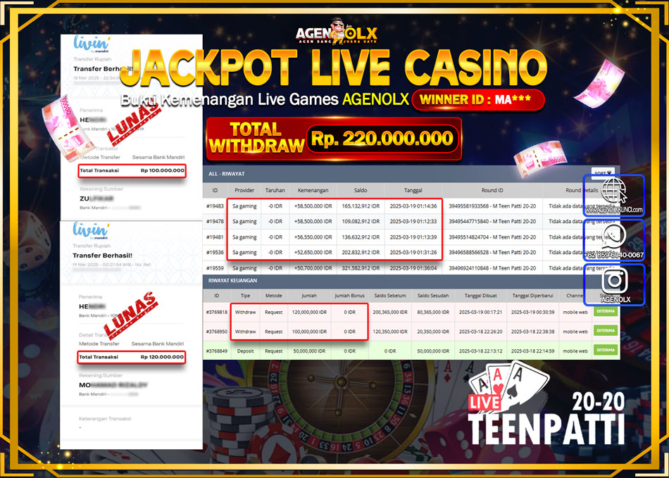AGENOLX JACKPOT LIVE CASINO M TEEN PATTI 20-20  Rp 220.000.000,- LUNAS