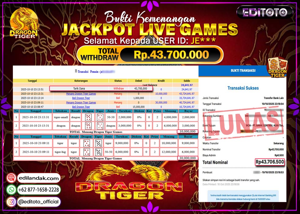 JACKPOT EDITOTO LIVE GAMES DRAGON TIGER Rp. 43.700.000.,- LUNAS
