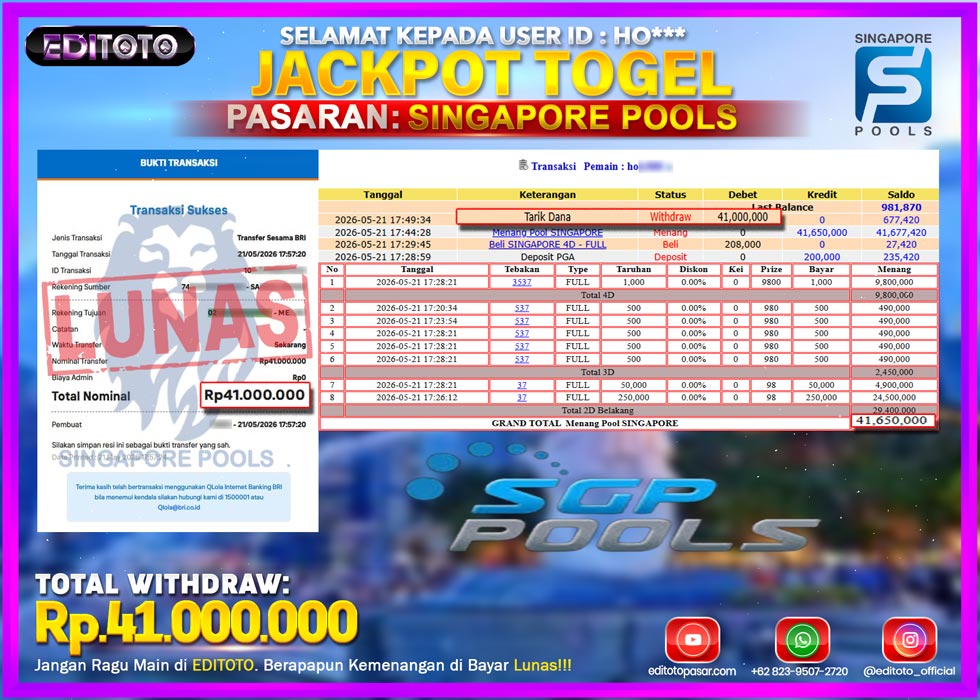JACKPOT EDITOTO TOGEL PASARAN SINGAPORE POOLS Rp.41.000.000.,- LUNAS