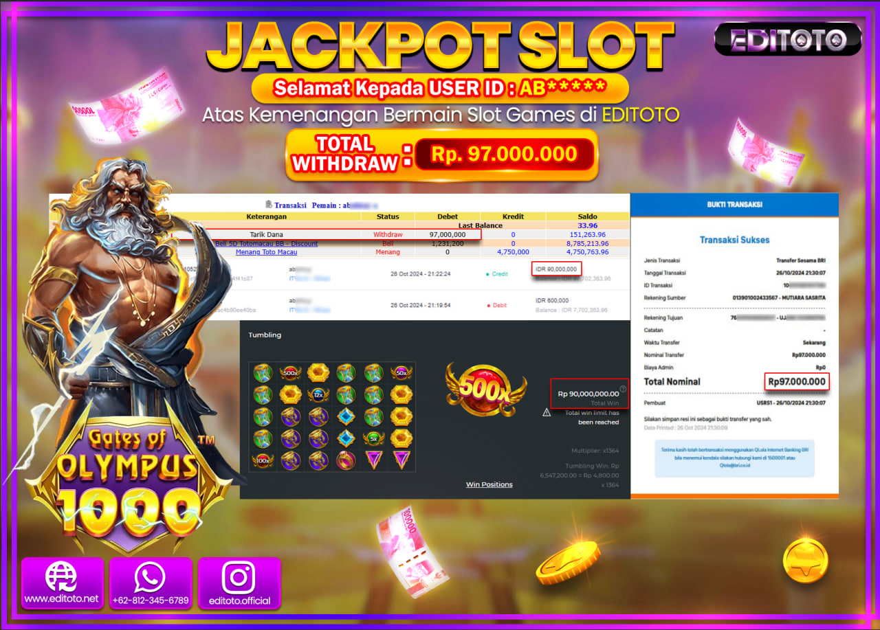 JACKPOT SLOT Gates Of Olympus 1000 Rp.97.000.000.,- LUNAS