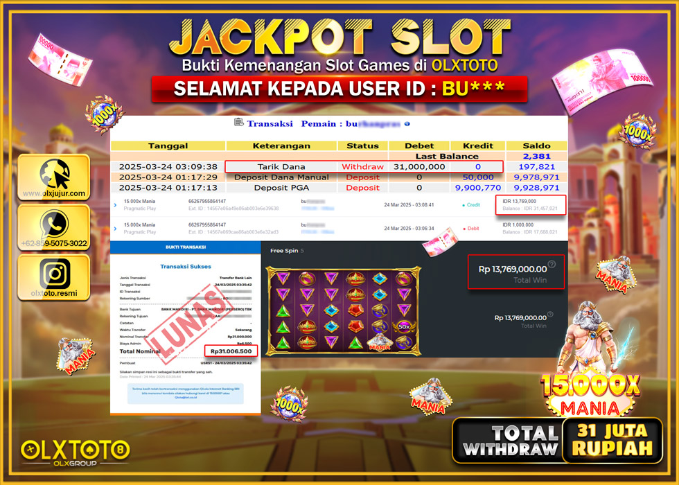 OLXTOTO JACKPOT 15.000 X MANIA Rp.31.000.000.,- LUNAS