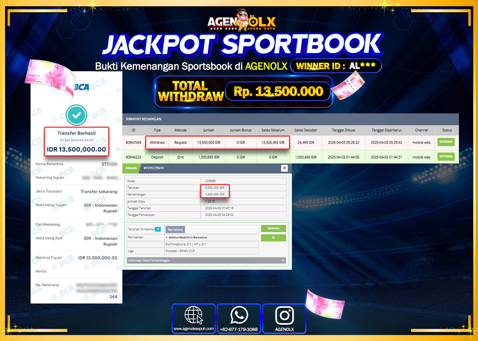 AGENOLX JACKPOT SPORRTBOOK  Rp 13.500.000,- LUNAS