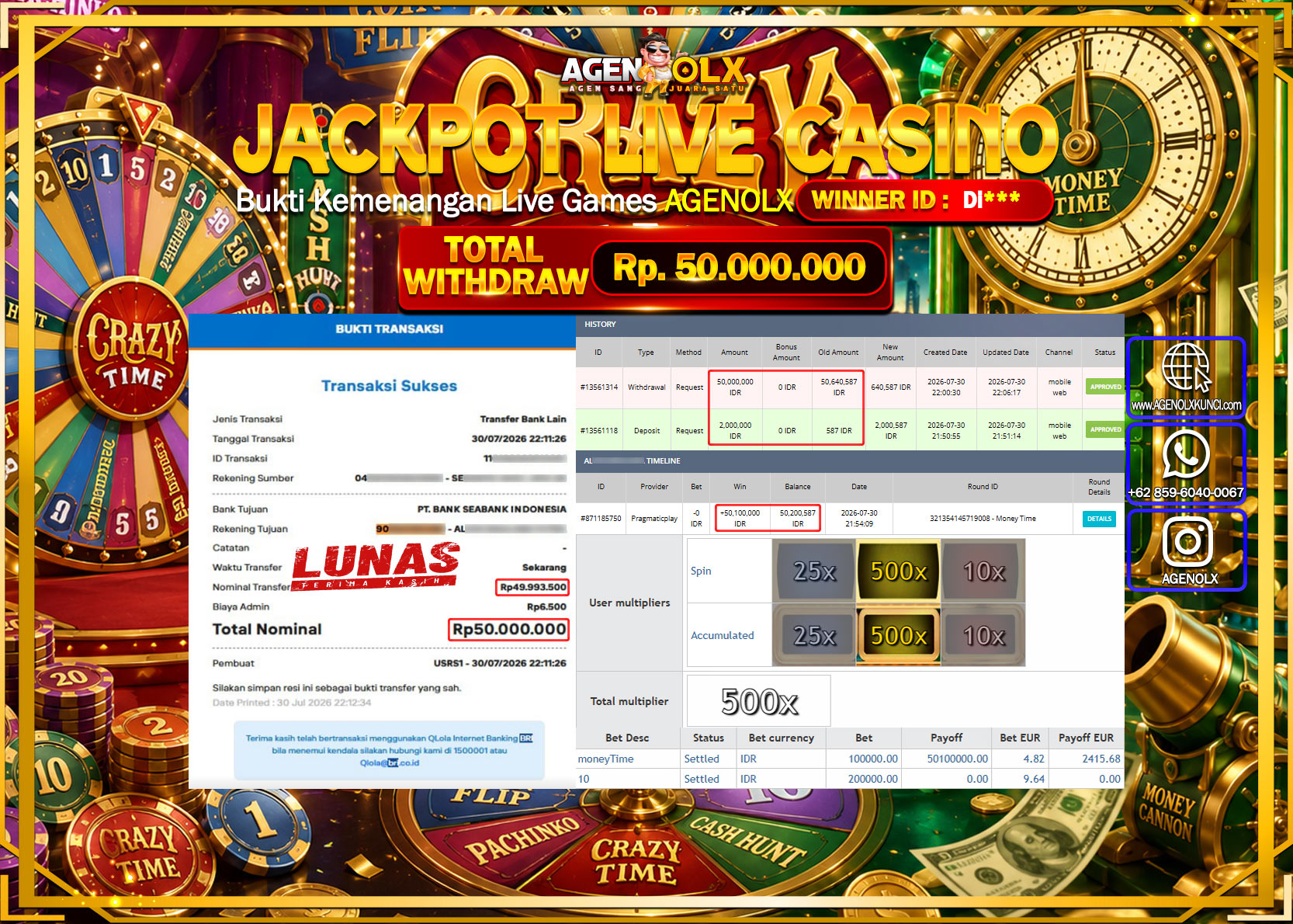 AGENOLX JACKPOT LIVE CASSINO MONEY TIME   Rp  50.000.000 -LUNAS