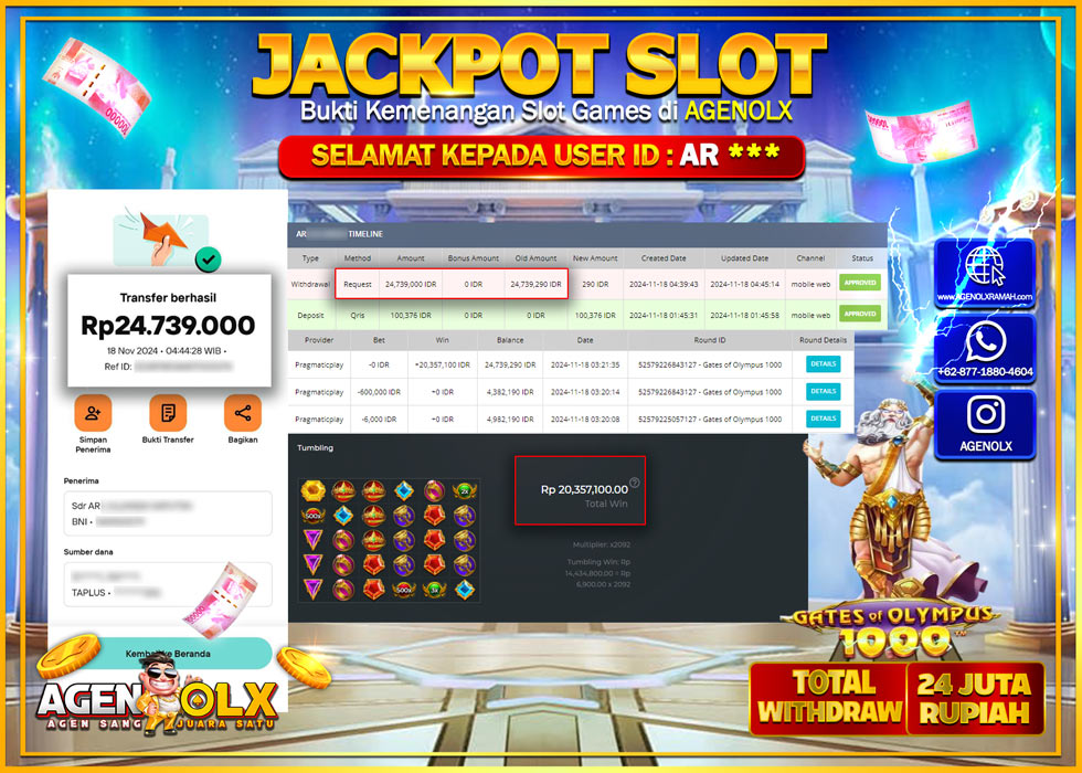 AGENOLX JACKPOT  SLOT GATES OF OLYMPUS 1000 Rp 24.000.000,- LUNAS