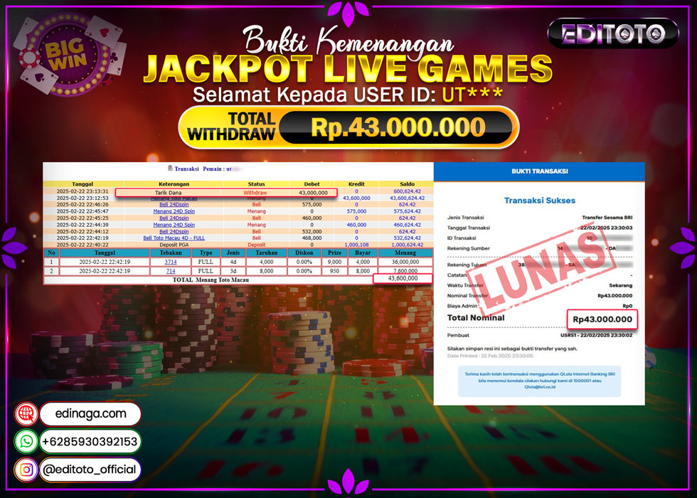JACKPOT LIVE GAMES 24DSpin  Rp.43.000.000.,- LUNAS