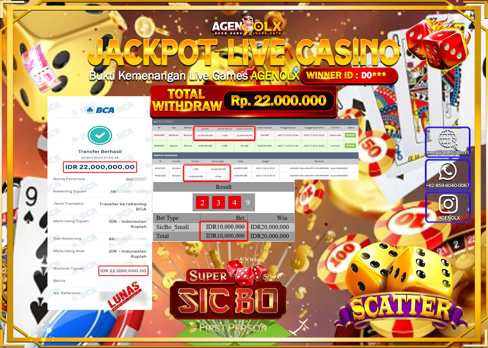 AGENOLX LIVE CASINO SUPER SIC BO Rp 22,000,000,- LUNAS