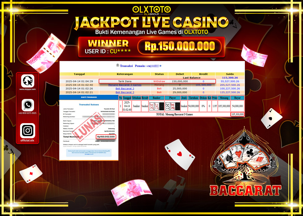 BINTANGSLOT77 JACKPOT  LIVE GAMES BACCARAT Rp..150.000.000.,- LUNAS