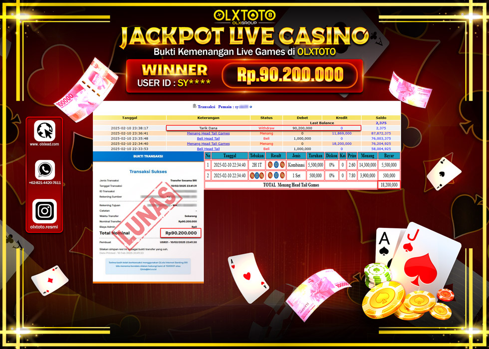 OLXTOTO JACKPOT  LIVE GAMES HEAD TAIL Rp.90.200.000.,- LUNAS