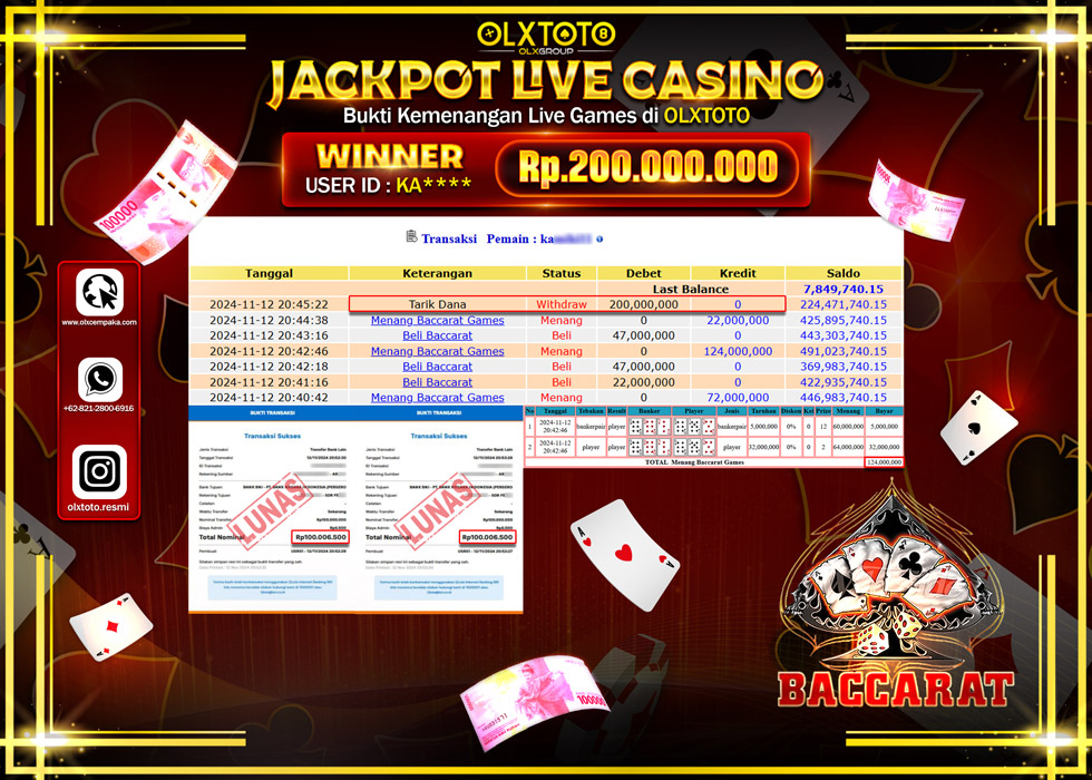 OLXTOTO JACKPOT  LIVE GAMES BACCARAT Rp.200.000.000.,- LUNAS