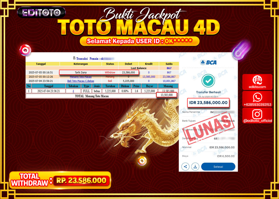 JACKPOT EDITOTO TOGEL PASARAN TOTO MACAU 4D Rp.23.586.000.,- LUNAS