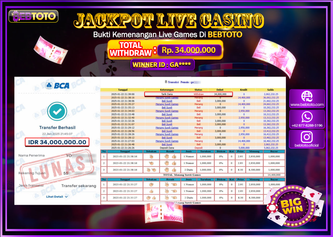 JACKPOT LIVE CASINO BEBTOTO SUWIT GAMES Rp.34.000.000.,- LUNAS