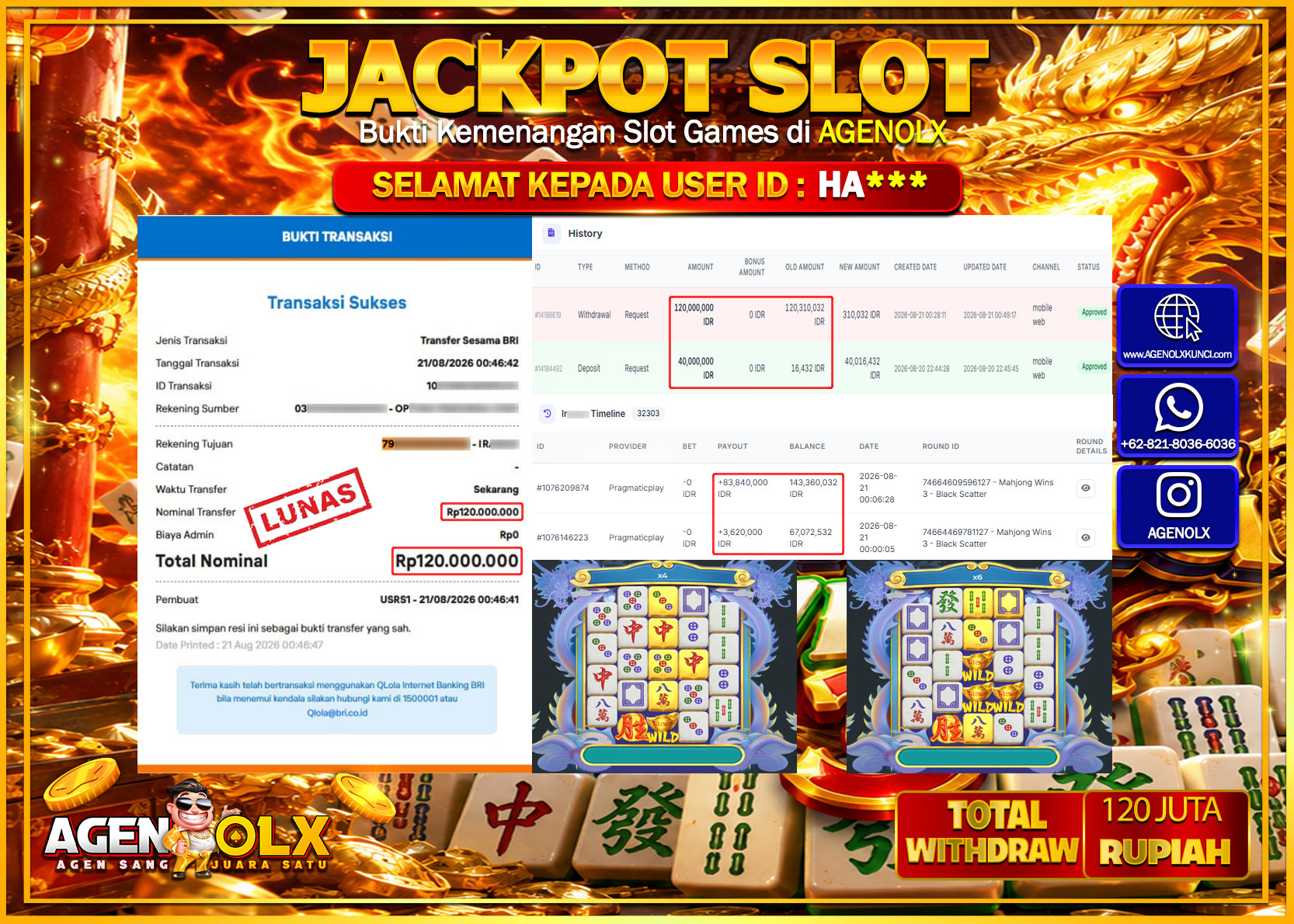 AGENOLX JACKPOT SLOT  MAHJONG WINS 3- BLACK SCATTER   Rp 120.000.000 -LUNAS