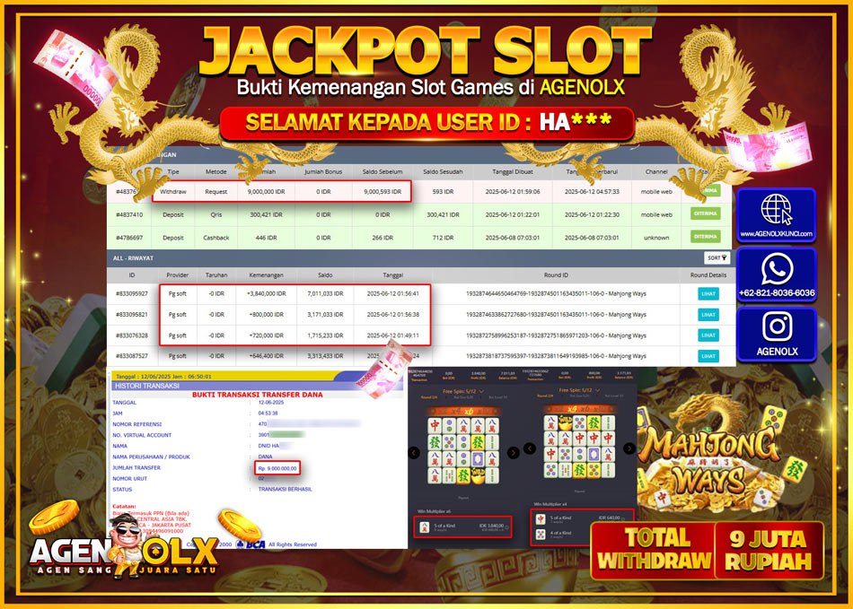 AGENOLX JACKPOT SLOT MAHJONG WAYS  Rp 9.000.000,- LUNAS