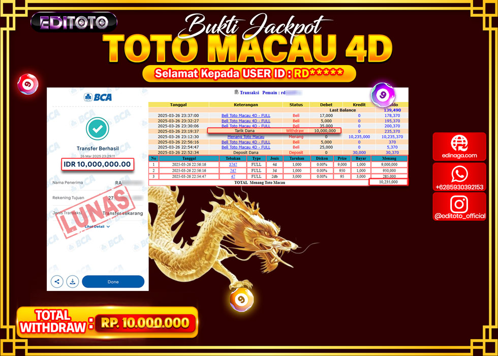 JACKPOT EDITOTO TOGEL PASARAN TOTOMACAU 4D Rp.10.000.000.,- LUNAS