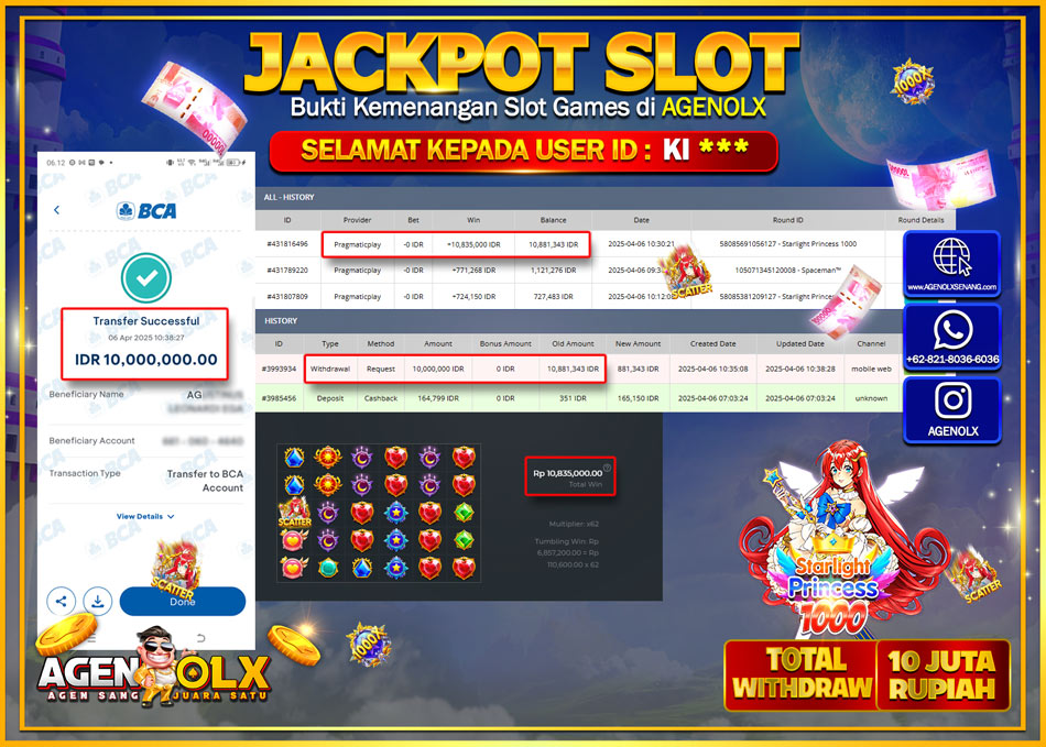 AGENOLX JACKPOT SLOT STARLIGHT PRINCESS 1000 Rp 10.000.000,- LUNAS
