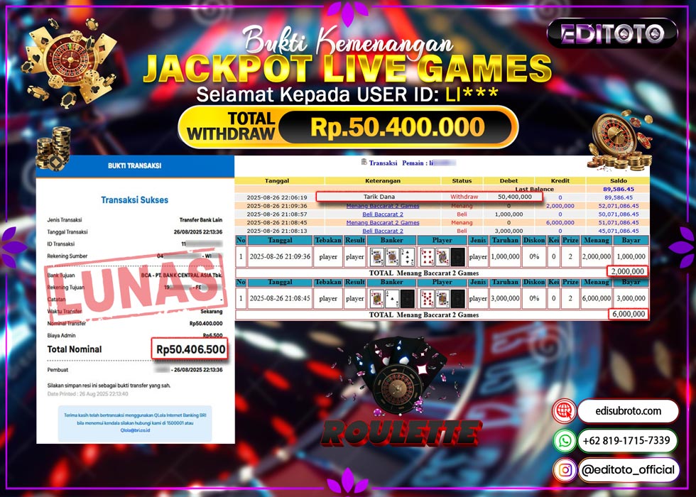 JACKPOT EDITOTO LIVE GAMES ROULETTE Rp. 50.400.000.,- LUNAS