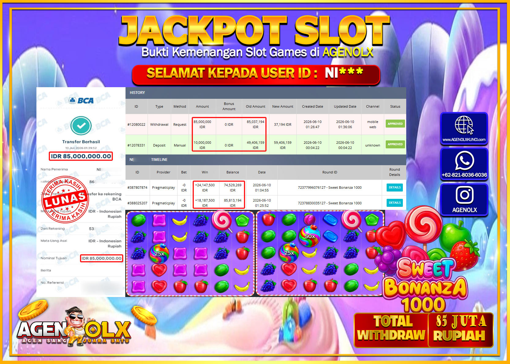 AGENOLX JACKPOT SLOT SWEET BONANZA 1000  Rp85.000.000- LUNAS