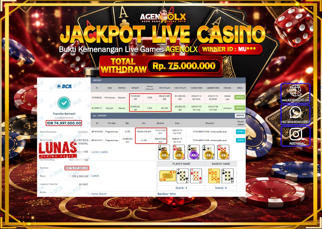 AGENOLX JACKPOT LIVE CASINO LIVE AMAZING BACARAT  Rp  75.000.000-LUNAS