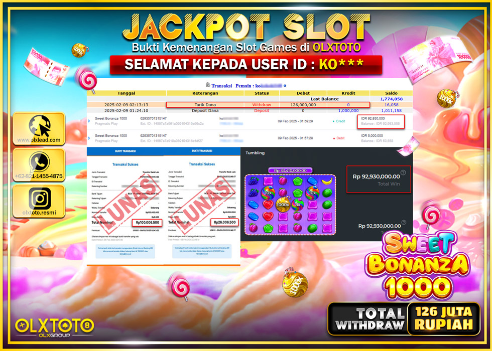 OLXTOTO JACKPOT  SLOT SWEET BONANZA 1000  Rp.126.000.000.,- LUNAS