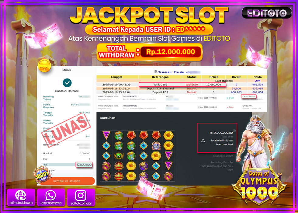 JACKPOT EDITOTO SLOT GATES OF OLYMPUS 1000 Rp.12.000.000,- LUNAS