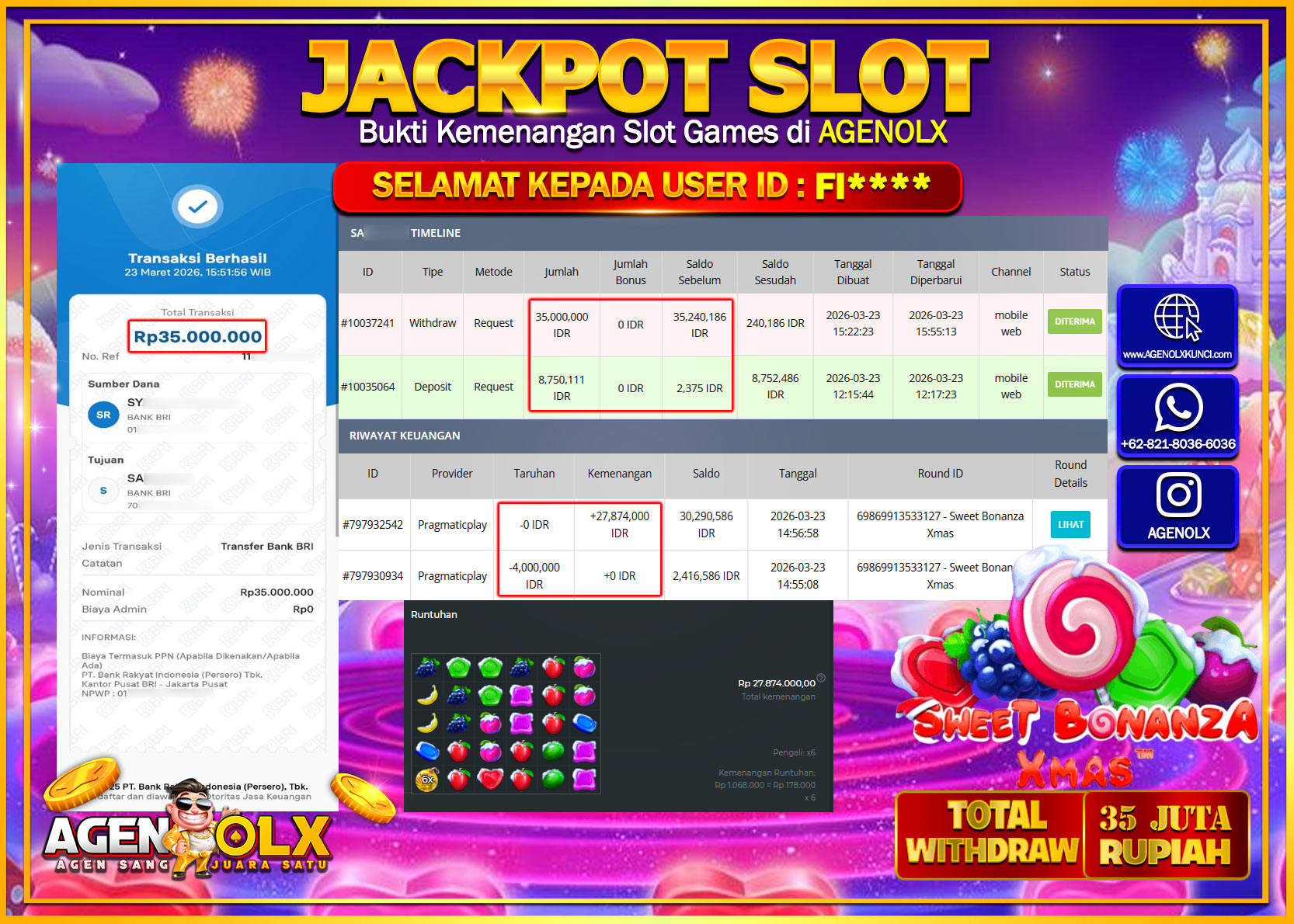 AGENOLX JACKPOT SLOT SWEET BONANZA XMAS   Rp 35.000.000 - LUNAS