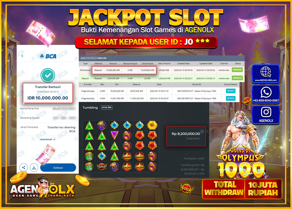 AGENOLX JACKPOT Provider PRAGMATICK PLAY Games GATES OF OLYMPUS 1000 Rp 10.000.000,- LUNAS