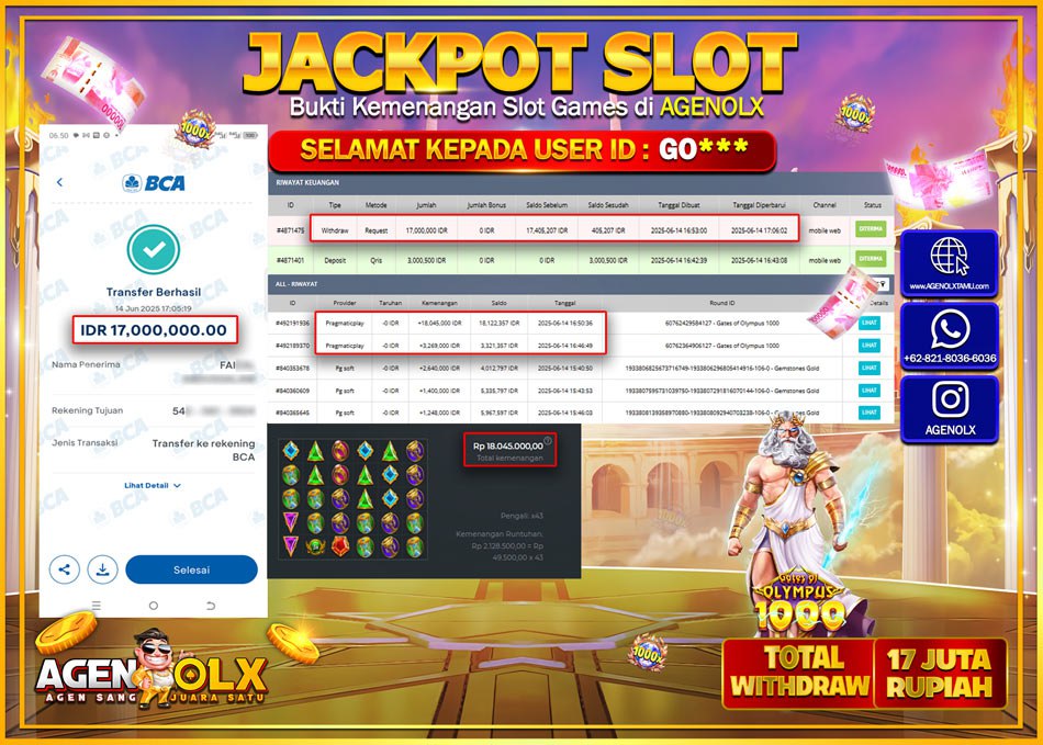 AGENOLX JACKPOT SLOT GATES OF OLYMPUS 1000 Rp 17.000.000,- LUNAS