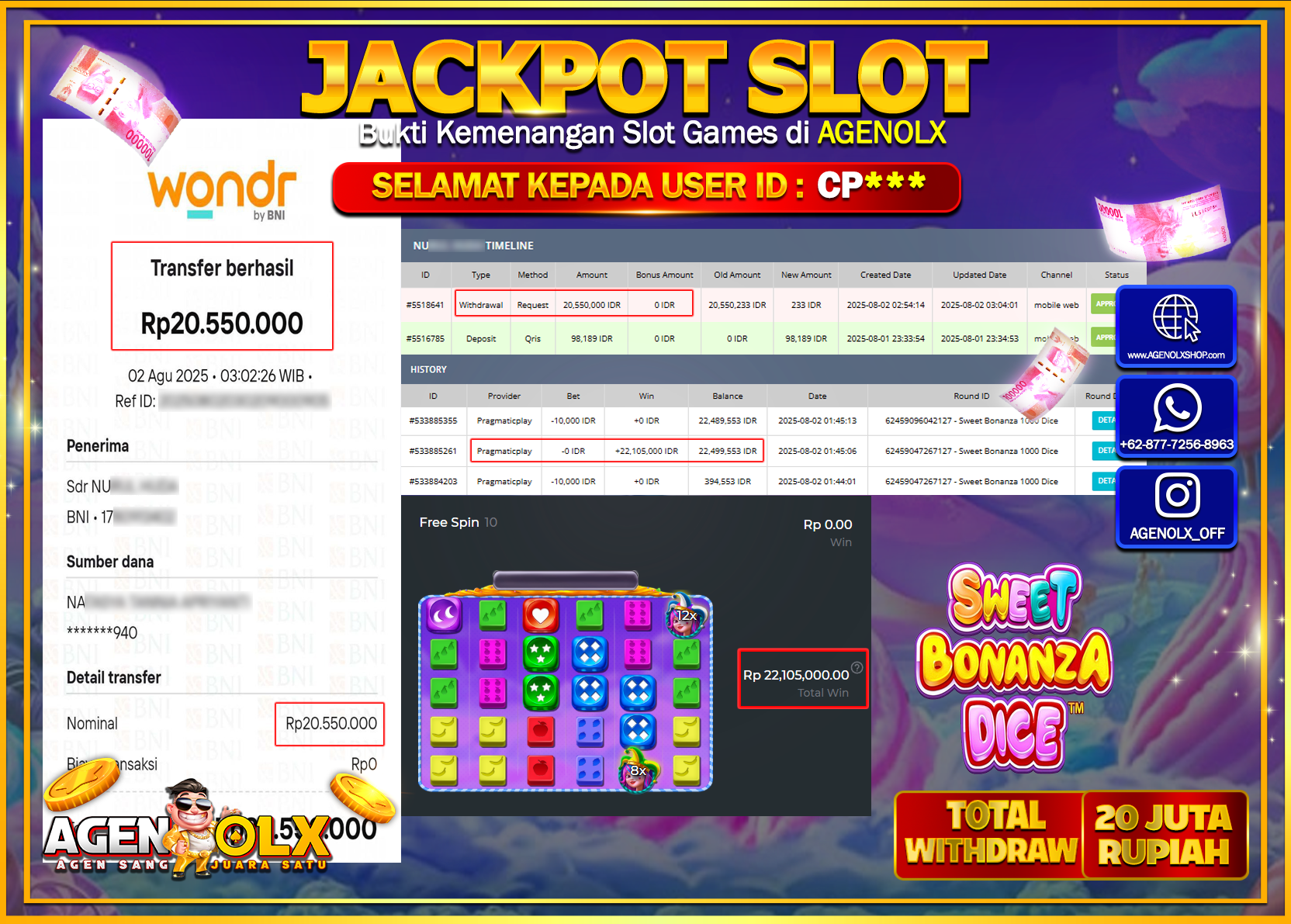 AGENOLX JACKPOT SLOT SWEET BONANZA 1000 DICE Rp 20.550.000,- LUNAS