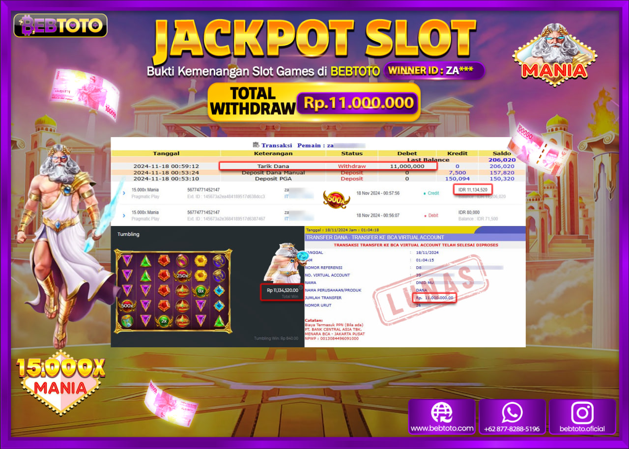 JACKPOT SLOT BEBTOTO 15.000X MANIA Rp.11.000.000.,- LUNAS